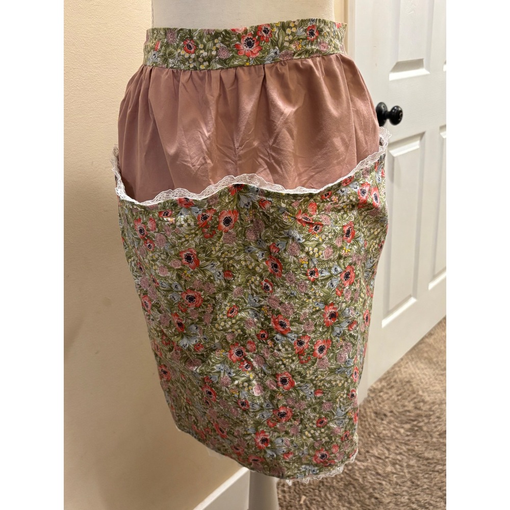 Handmade Custom Floral Half Apron Lace Trim Cottagecore Shabby Chic Pink Green